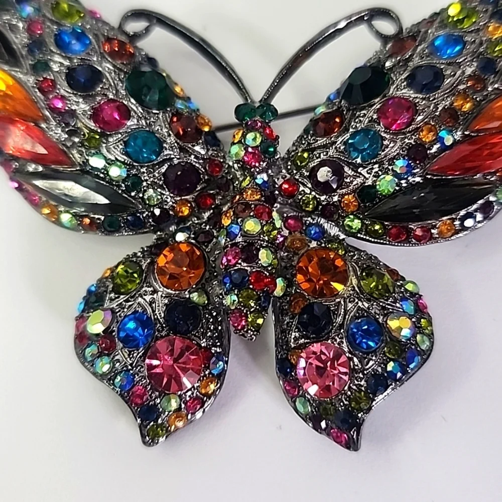 Large Silver Statement Butterfly Pin Brooch Multi Color Crystal Rhinestones New